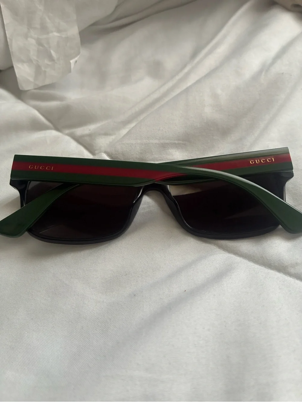 Gucci Black Rectangular Sunglasses with Green/Red Temple Tips